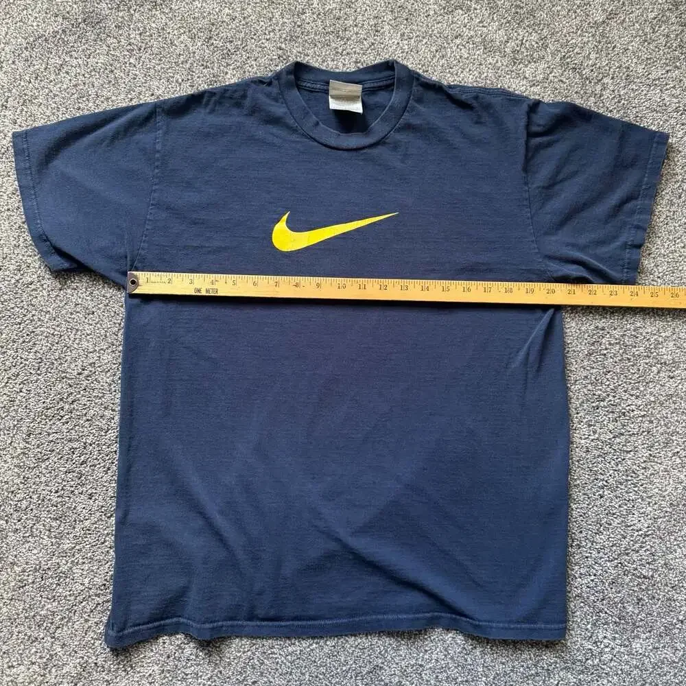 Vintage Nike Center Swoosh T Shirt Mens Large Navy Blue Yellow Logo USA Fabric